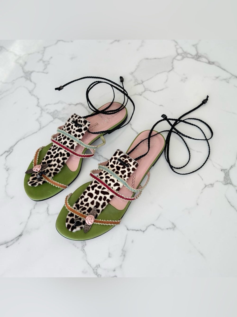 Vintage Y2K Jane Brown Green Leather Leopard Calf Hair Strappy Sandals